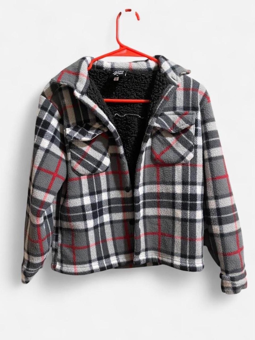 Original Deluxe Gray Plaid Sherpa-Lined Puffer Jacket with Red Accents